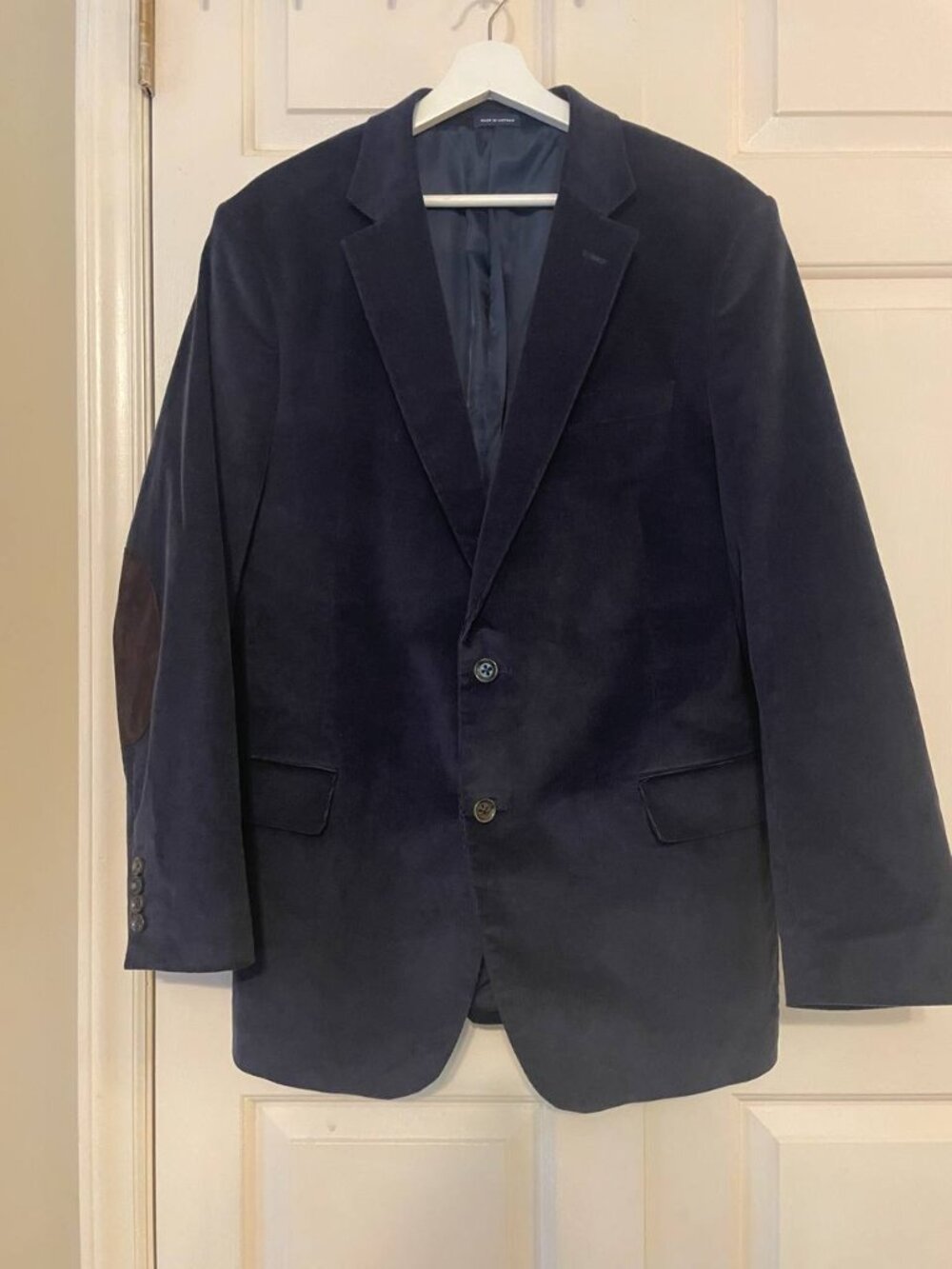 Stafford Men's Classic Fit Navy Corduroy Blazer with Suede Elbow Patches